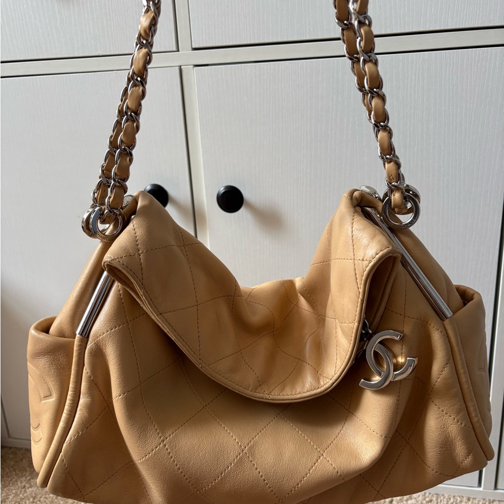 Authentic CHANEL Beige Quilted lambskin Shoulder Bag with Silver-Tone Hardware